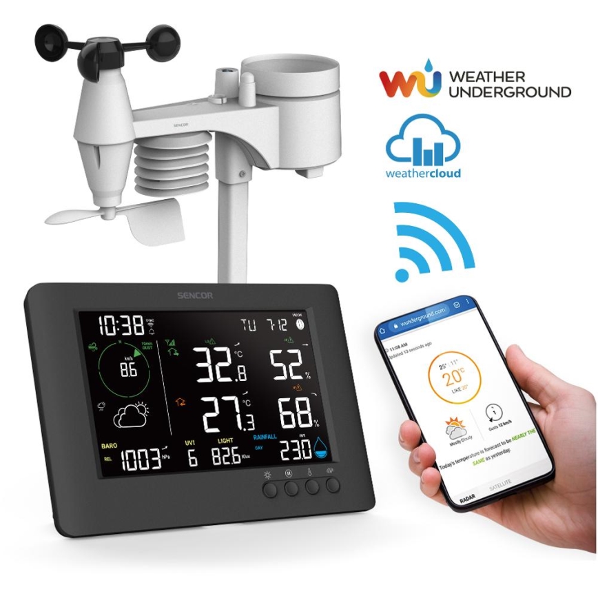 Sencor - Profesionálna meteostanica s farebným LCD displejom a budíkom 5V/1xCR2032 + 3xAA Wi-Fi