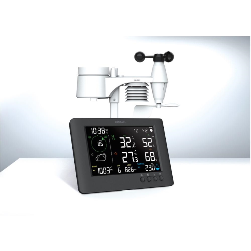 Sencor - Profesionálna meteostanica s farebným LCD displejom a budíkom 5V/1xCR2032 + 3xAA Wi-Fi
