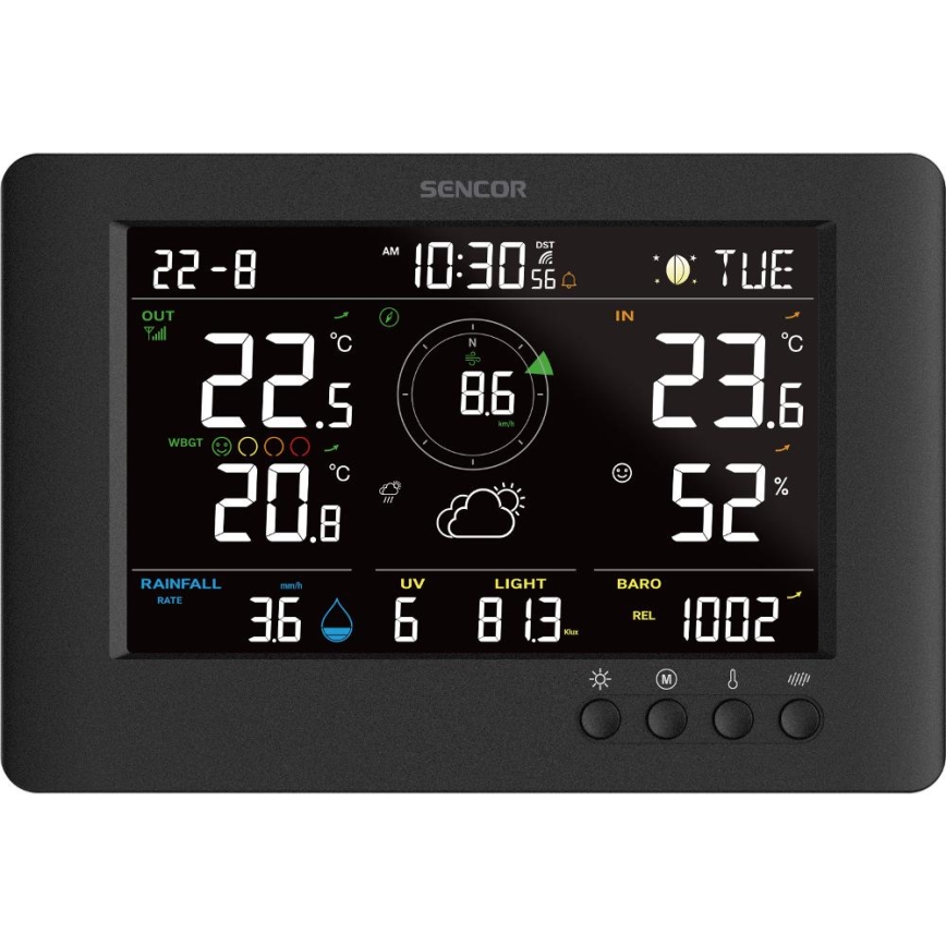 Sencor - Profesionálna meteostanica s farebným LCD displejom a budíkom 5V/1xCR2032 + 3xAA