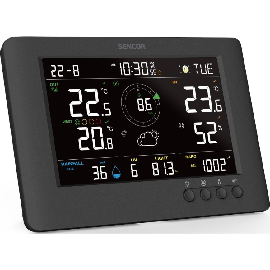 Sencor - Profesionálna meteostanica s farebným LCD displejom a budíkom 5V/1xCR2032 + 3xAA