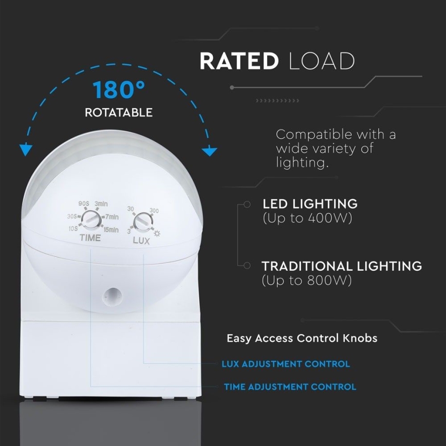 Senzor pohybu PIR 180° 800W/230V IP44 biela