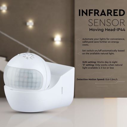 Senzor pohybu PIR 180° 800W/230V IP44 biela
