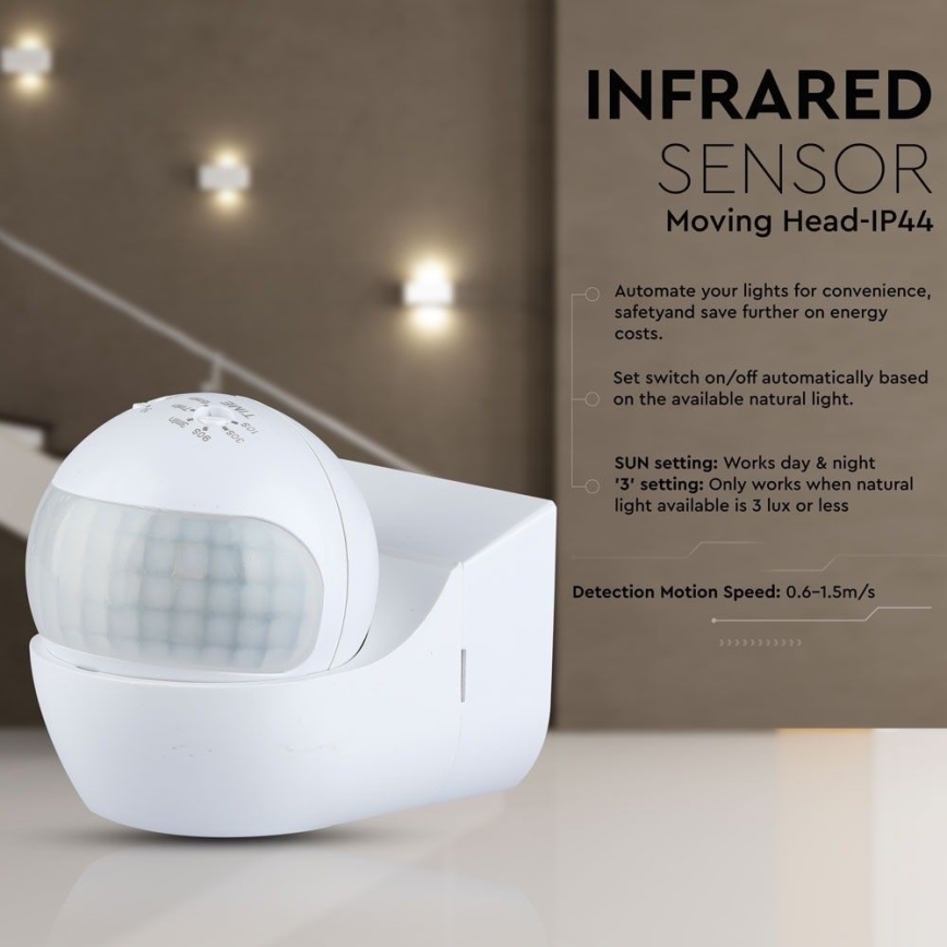 Senzor pohybu PIR 180° 800W/230V IP44 biela