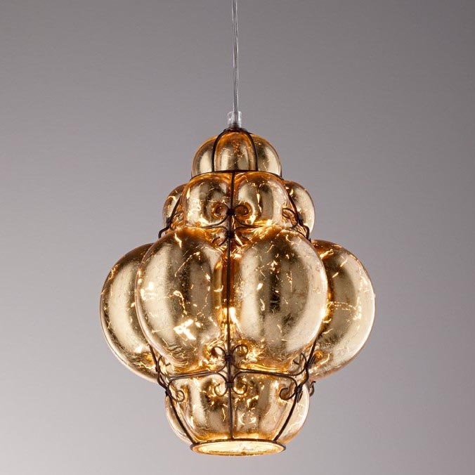 SIRU - Luster na lanku FOGLIA ORO 1xE27/60W/230V pr. 27 cm zlatá benátske sklo/zlatý