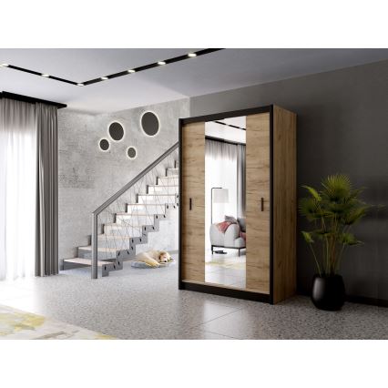 Skriňa na šaty so zrkadlom MIRO 150x215 cm dub craft/čierna
