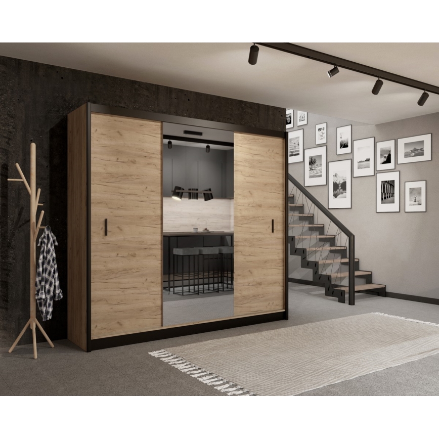 Skriňa na šaty so zrkadlom MIRO 250x215 cm dub craft/čierna