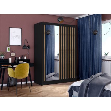 Skriňa na šaty so zrkadlom SANTINO 150x215 cm čierna/dub craft