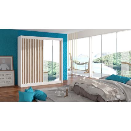 Skriňa na šaty so zrkadlom SANTINO 203x215 cm biela+/dub craft