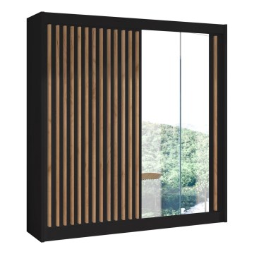 Skriňa na šaty so zrkadlom SANTINO 203x215 cm čierna/dub craft