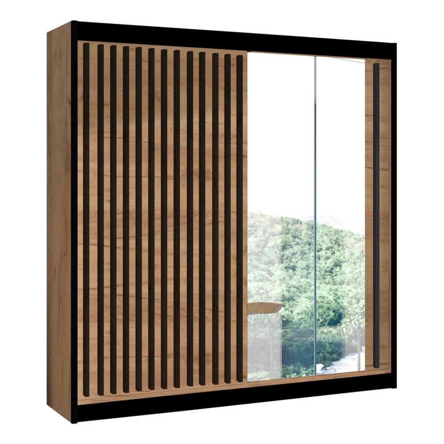 Skriňa na šaty so zrkadlom SANTINO 203x215 cm dub craft/čierna
