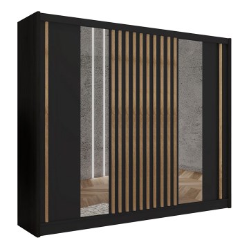 Skriňa na šaty so zrkadlom SANTINO 250x215 cm čierna/dub craft
