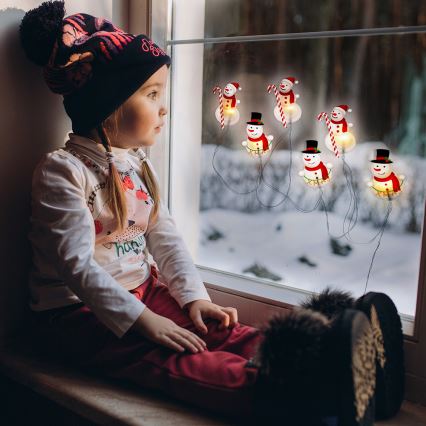 LED reťaz so snehuliakom s prísavkami 6xLED/2xAA 1,2m teplá biela