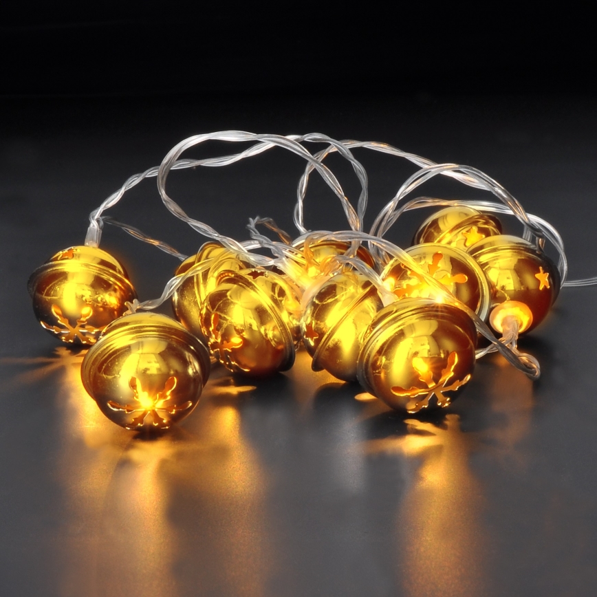 LED reťaz 10× LED / 2× AA / teplá biela / 1,8 m / s rolničkami