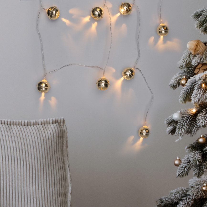 LED reťaz 10× LED / 2× AA / teplá biela / 1,8 m / s rolničkami