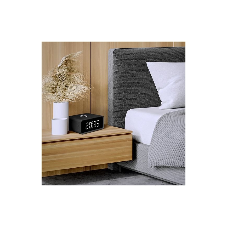 Digitálne hodiny s Qi bezdrôtovou nabíjačkou 230V/CR2032 čierne