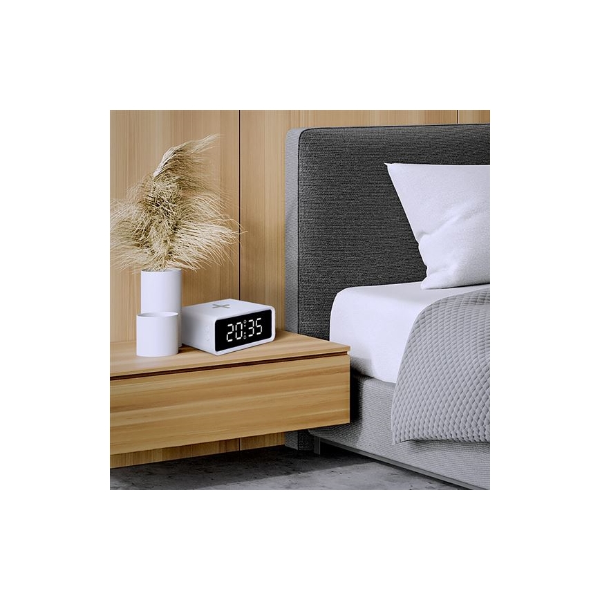 Digitálne hodiny s Qi bezdrôtovou nabíjačkou 230V/CR2032 biele