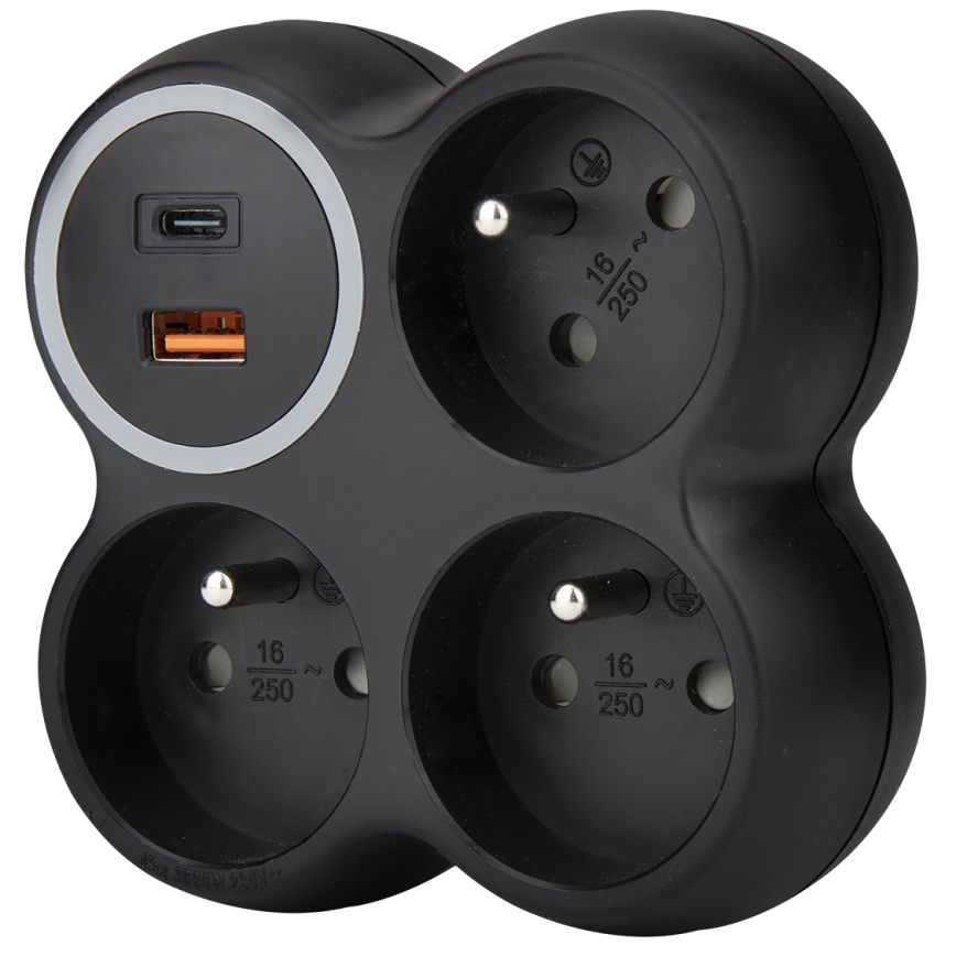 Rozbočovač zásuviek 3x 15A s USB-A a USB-C, čierny