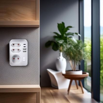 Viacnásobná zásuvka 1x16A+2x 2,5A s 2x USB A+C nabíjačkou, biela