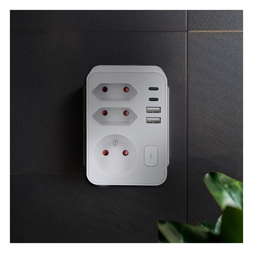 Viacnásobná zásuvka 1x16A+2x 2,5A s 2x USB A+C nabíjačkou, biela
