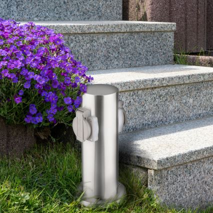 Vonkajší zásuvkový stĺpik 2Z 230V IP44 matný chróm okrúhly