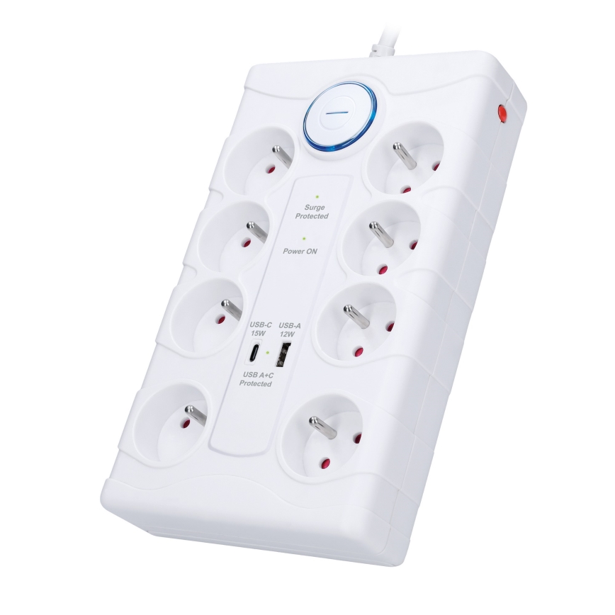 Predlžovací kábel s vypínačom 8Z typ E + 1xUSB-A + 1xUSB-C 2m biela