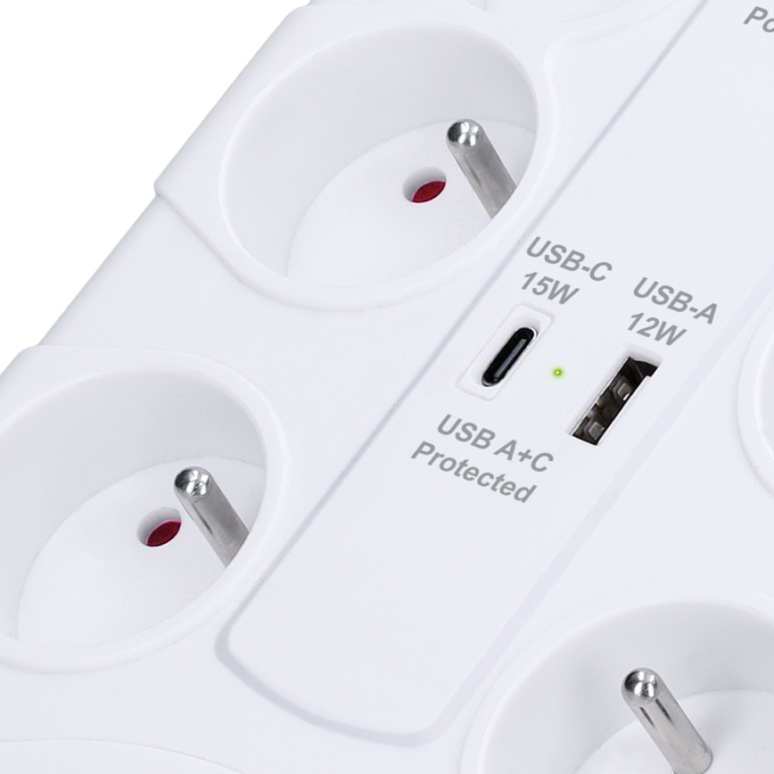 Predlžovací kábel s vypínačom 8Z typ E + 1xUSB-A + 1xUSB-C 2m biela