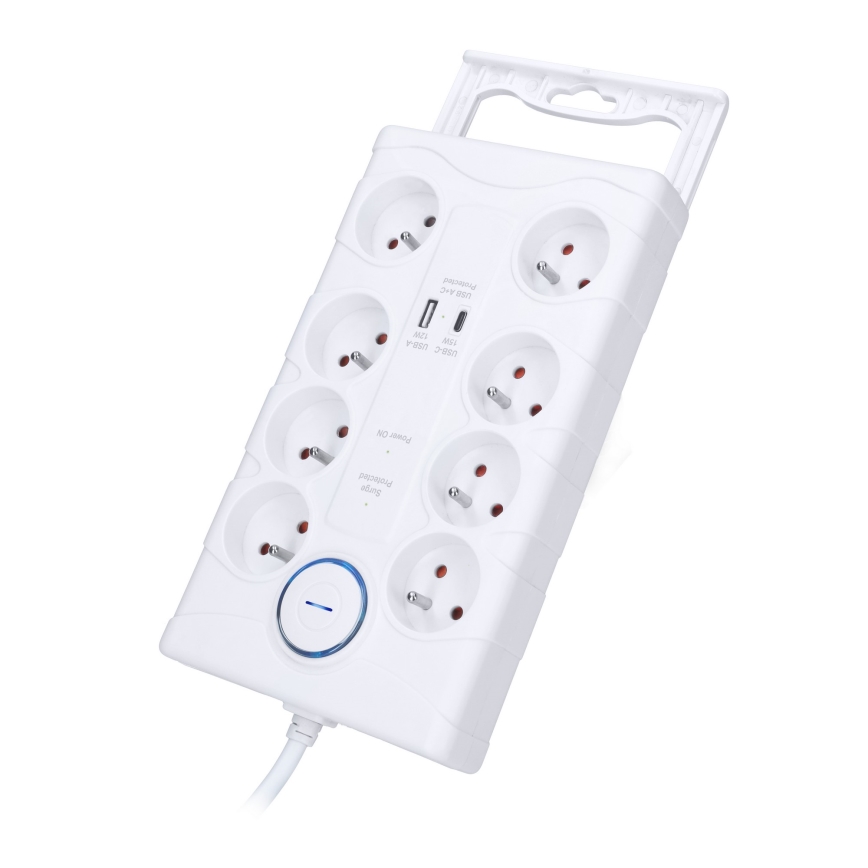 Predlžovací kábel s vypínačom 8Z typ E + 1xUSB-A + 1xUSB-C 2m biela