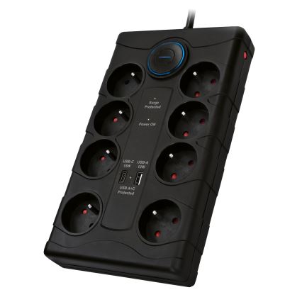 Predlžovací kábel s vypínačom, 8 zásuviek, Typ E + 1x USB-A + 1x USB-C, 2 m, čierny