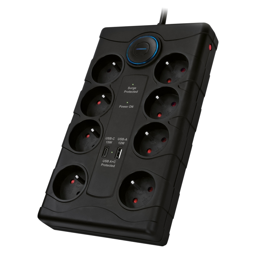 Predlžovací kábel s vypínačom, 8 zásuviek, Typ E + 1x USB-A + 1x USB-C, 2 m, čierny