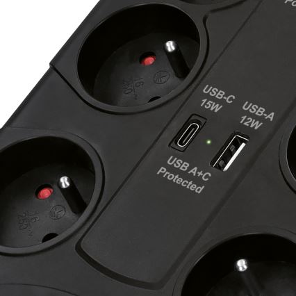 Predlžovací kábel s vypínačom, 8 zásuviek, Typ E + 1x USB-A + 1x USB-C, 2 m, čierny