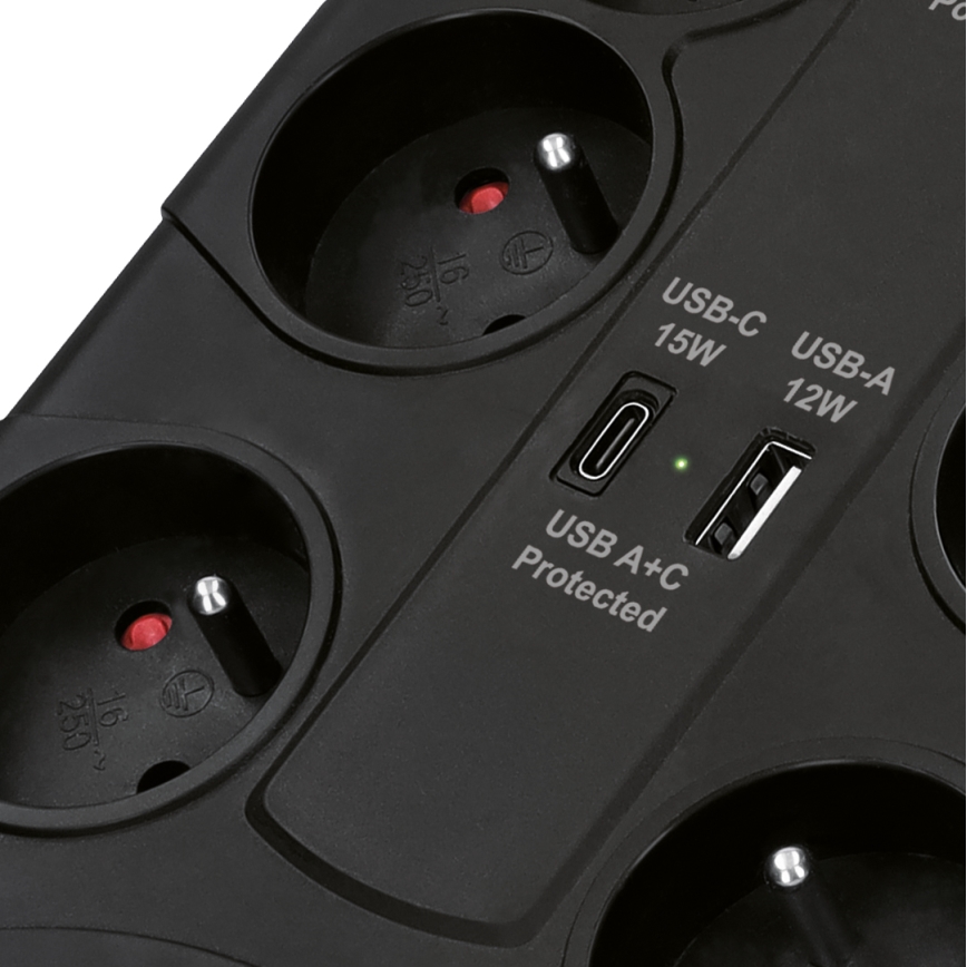 Predlžovací kábel s vypínačom, 8 zásuviek, Typ E + 1x USB-A + 1x USB-C, 2 m, čierny