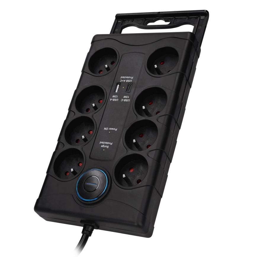 Predlžovací kábel s vypínačom, 8 zásuviek, Typ E + 1x USB-A + 1x USB-C, 2 m, čierny