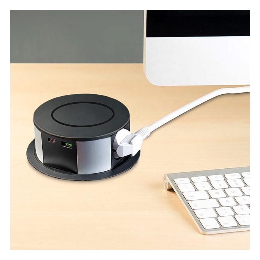 Zásuvkový stĺpik na dosku stola 3x230V + 2xUSB + bezdrôtové nabíjanie