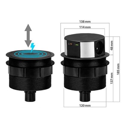 Zásuvkový stĺpik na dosku stola 3x230V + 2xUSB + bezdrôtové nabíjanie