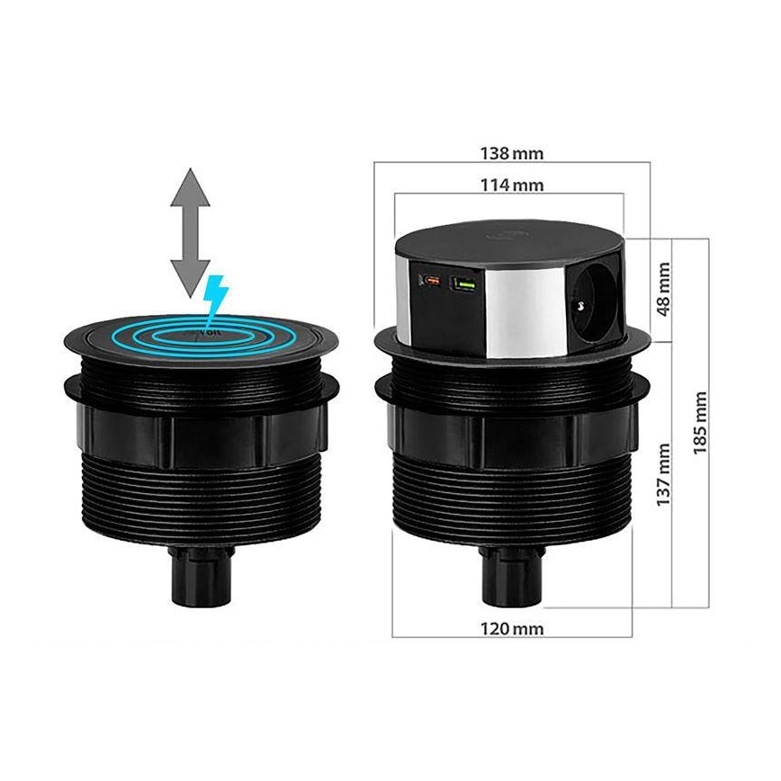 Zásuvkový stĺpik na dosku stola 3x230V + 2xUSB + bezdrôtové nabíjanie