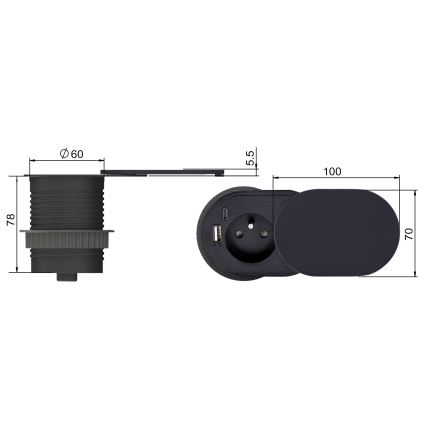 Vstavaná zásuvka s posuvným krytom 20W 1Z + USB A+C čierna