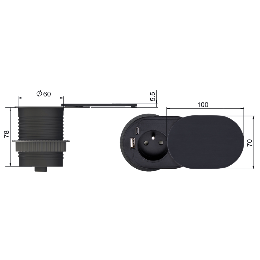 Vstavaná zásuvka s posuvným krytom 20W 1Z + USB A+C čierna