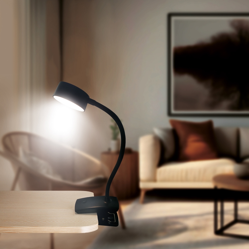LED Stmievateľná flexibilná nabíjacia stolná lampa s klipom LED/2W/1800 mAh 3000/4000/6500K čierna