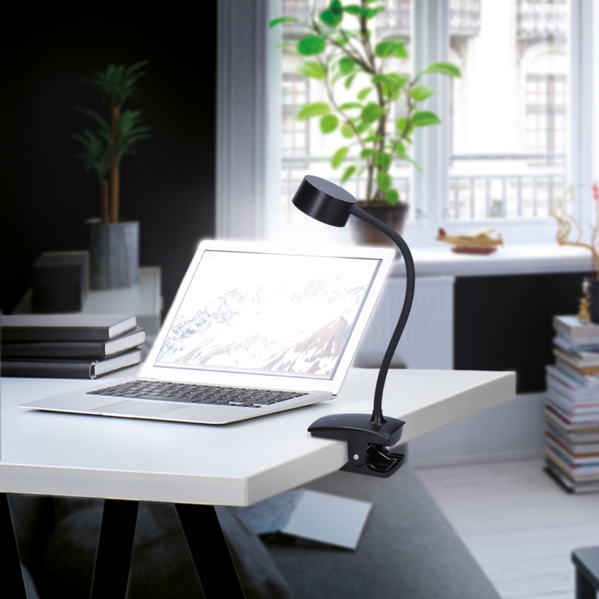 LED Stmievateľná flexibilná nabíjacia stolná lampa s klipom LED/2W/1800 mAh 3000/4000/6500K čierna