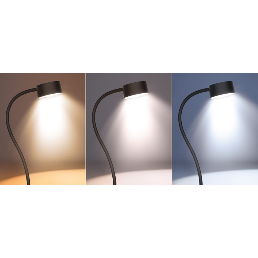 LED Stmievateľná flexibilná nabíjacia stolná lampa s klipom LED/2W/1800 mAh 3000/4000/6500K čierna