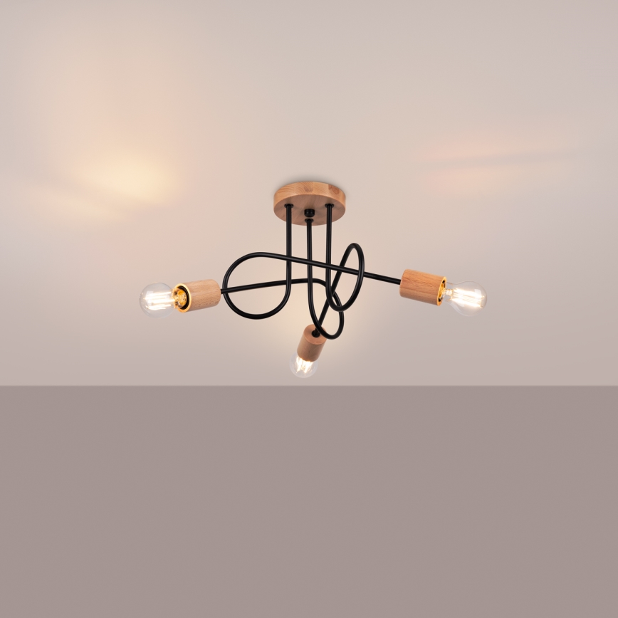 Prisadený luster EMBER 3xE27/15W/230V čierna/béžová/buk
