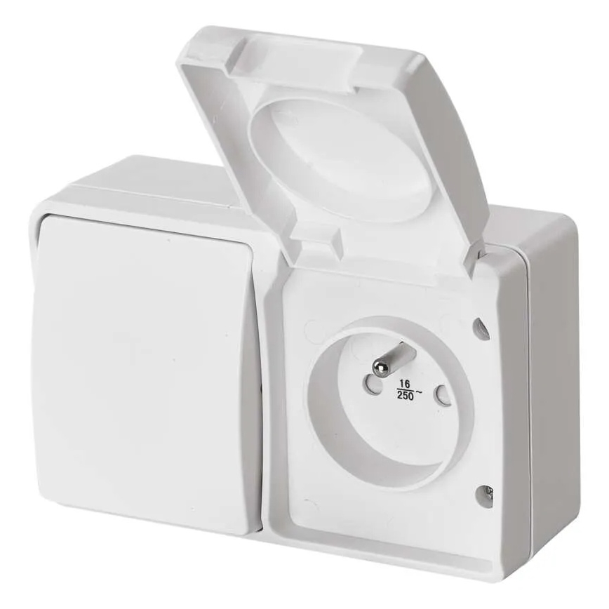 Spínač domový striedavý č. 6 so zásuvkou 250V/16A IP44 biela