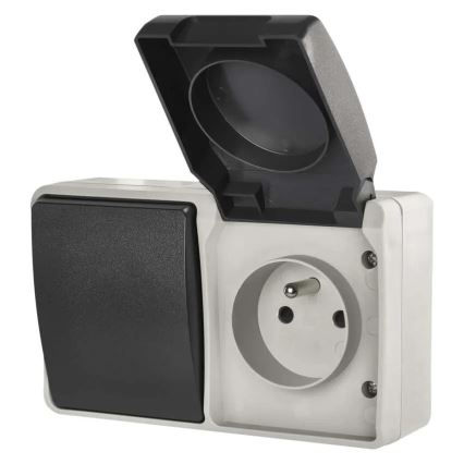 Spínač domový striedavý č. 6 so zásuvkou 250V/16A IP44 šedá
