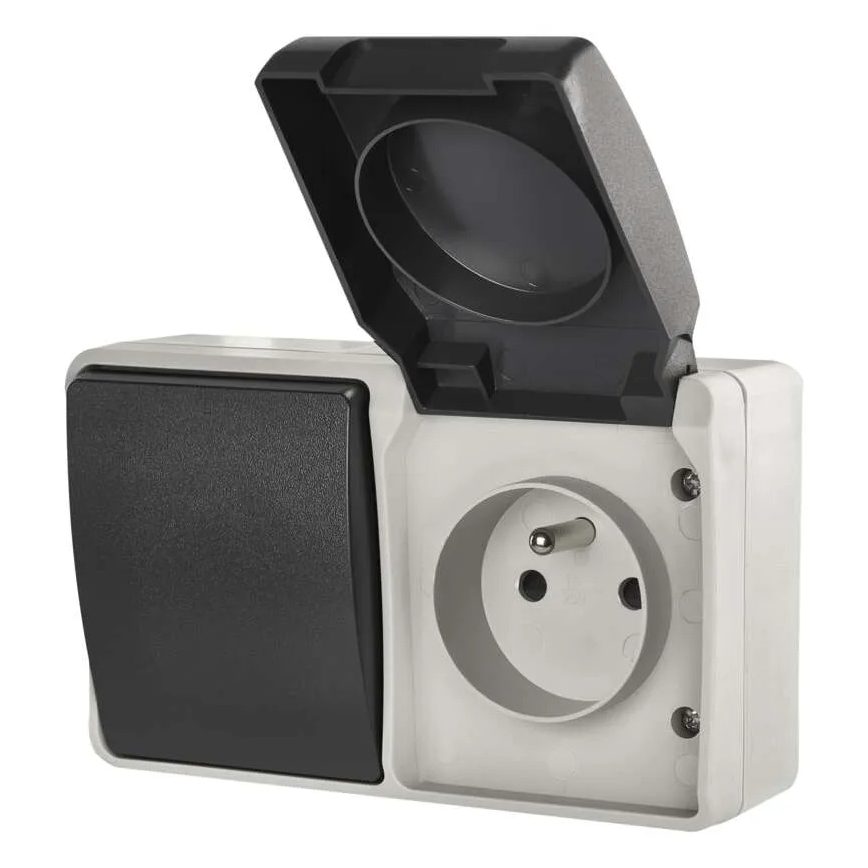 Spínač domový striedavý č. 6 so zásuvkou 250V/16A IP44 šedá