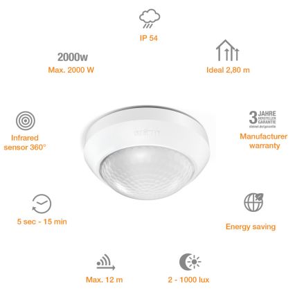 STEINEL 006532 - Vonkajší senzor pohybu IS360-3 biela IP54