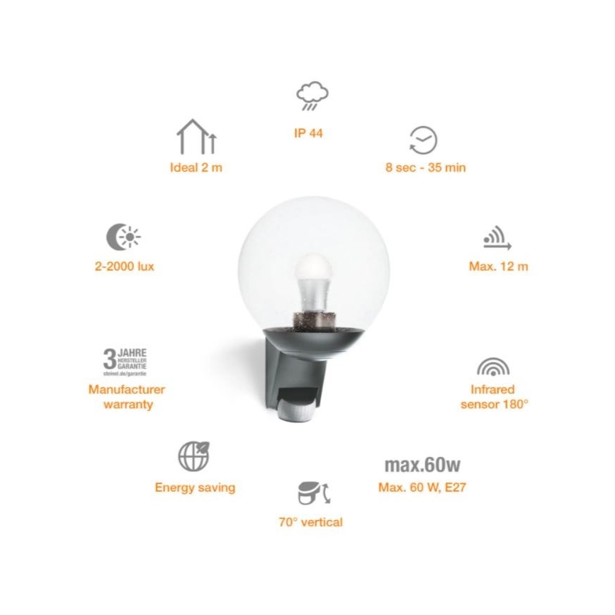 Steinel 035723 - Vonkajšie nástenné svietidlo so senzorom L585S 1xE27/60W/230V IP44