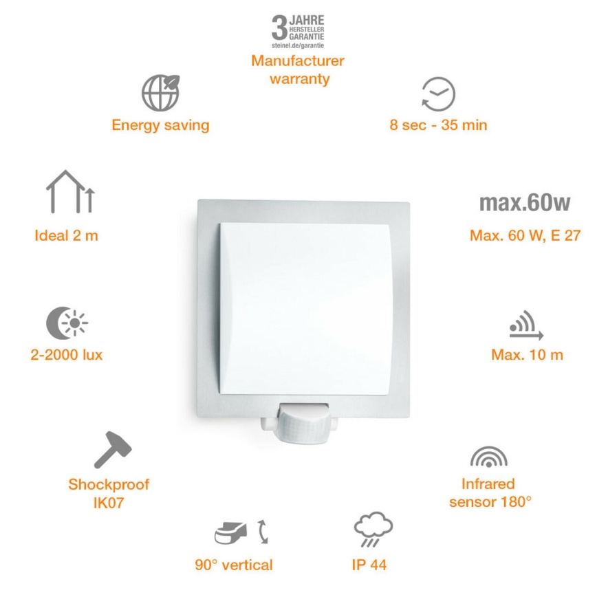 Steinel 566814 - Vonkajšie nástenné senzorové svietidlo 1xE27/60W/240V L 20 S IP44