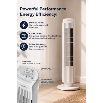 Stĺpový ventilátor 50W/230V 74,5 cm biela
