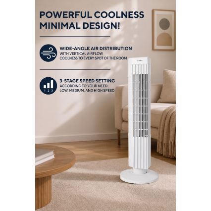 Stĺpový ventilátor 50W/230V 74,5 cm biela