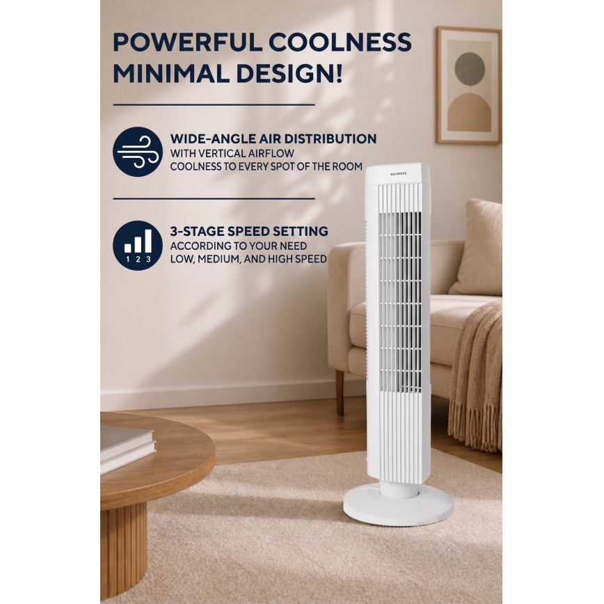 Stĺpový ventilátor 50W/230V 74,5 cm biela